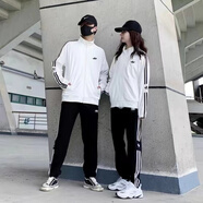 秋冬季休閑衛衣運動(dòng)套裝男女同款三條杠情侶裝純棉刺繡跑步服校服 白黑兩件套 L 推薦120-140斤