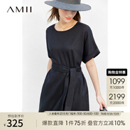 AMII女裝2025夏季新款休閑文藝圓領(lǐng)配腰帶亞麻苧麻連衣裙寬松 黑色 M