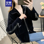羅蒙秋冬季短外套女2024新款春秋寬松短款毛衣女士加絨加厚針織衫開衫 黑色 L （105-115斤）