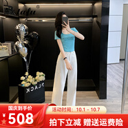 她芙（tafu）品牌女裝時(shí)尚套裝女2025夏季新款小個(gè)子休閑短袖t恤闊腿褲兩件套 藍色T+白色褲子套裝 M 100-109斤