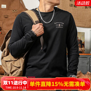 季言 高奢t恤純棉長(zhǎng)袖圓領(lǐng)印花 美式復(fù)古重磅上衣秋季打底衫男體恤 黑色 M