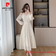 皮爾卡丹（pierre cardin）秋季連衣裙女士設計感象牙白露肩波浪邊甜美氣質(zhì)純色超仙女裙長(cháng)裙 象牙白送鉆鏈 XL