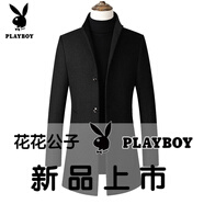 花花公子（PLAYBOY）秋冬新款男士中長(cháng)款單排扣風(fēng)衣歐美純色簡(jiǎn)約立領(lǐng)呢料大衣外套 黑色 2XL
