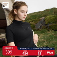 FILA 斐樂官方女裝針織短袖衫2025夏季新款戶外運動半拉鏈基礎T恤 深黑-BK M 165/84A/M