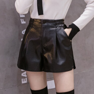 LISCN香港潮牌皮短褲女秋冬新款PU皮高腰a字顯瘦潮ins休閑寬松闊腿 黑色 S