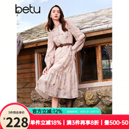 百圖betu女裝秋季新款連衣裙法式印花腰帶收腰顯瘦裙子女2408T87 粉紅 S