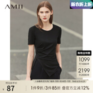 AMII七夕禮物夏新款短袖T恤女正肩設計感不規則褶皺開(kāi)叉莫代爾上衣 黑色 170/92A/XL