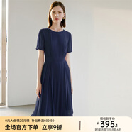 顏域（YANYEE）短袖百褶連衣裙2024夏天新款女裝氣質(zhì)女神范收腰顯瘦氣質(zhì)a字裙 深藍 S/36