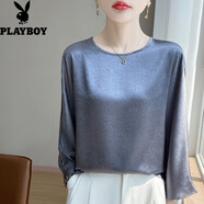 花花公子（PLAYBOY）撤柜剪標(biāo)桑蠶絲中式國風(fēng)緞面T恤女提花短袖寬松蝙蝠袖上衣 A89(煙灰色)不值百元包退 M [80-110]