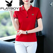 花花公子（PLAYBOY）【好棉】短袖t恤女大尺碼夏季新款寬松翻領(lǐng)POLO.衫運動(dòng)體 578大紅色蜜蜂POLO衫 XL 建議105-115斤