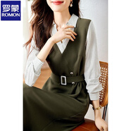羅蒙假兩件連衣裙女2025年秋季新款優(yōu)雅氣質(zhì)收腰顯瘦長(zhǎng)袖拼接裙子 草綠色 XL 100-120斤