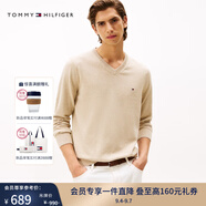 TOMMY HILFIGER【柔軟純棉】25秋冬男撞色條紋學院風針織衫/情侶款純色毛衣 【純色V領】卡其色HEA L （推薦：150-165斤）