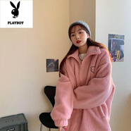 花花公子2025秋冬新款寬松立領(lǐng)羊羔毛外套女加厚洋氣百搭可愛(ài)小熊毛絨上衣 粉色 M