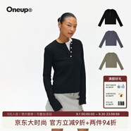 ONEUP華夫格亨利領(lǐng)t恤長(zhǎng)袖美式復(fù)古顯瘦修身打底衫白色百搭休閑上衣 黑色 L