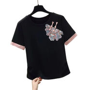 秋殼2024夏季中式國風(fēng)新款重工刺繡上衣短款盤扣時尚寬松短袖T恤通勤 黑色 2XL 建議135-150斤
