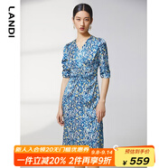 藍(lán)地（LANDI）商場(chǎng)同款夏季新款腰部抽褶碎花印花短袖連衣裙女 淺藍(lán)色 M