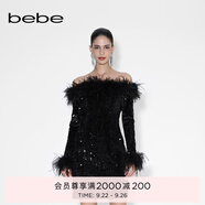 bebe冬季系列女士時尚純色一字領毛毛亮片長袖連衣裙450009 黑色 XS