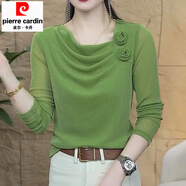 皮爾卡丹時(shí)尚輕薄網(wǎng)紗長(cháng)袖T恤女春秋新款洋氣修身堆堆領(lǐng)小衫減齡小眾上衣 淺綠色 2XL 建議105-120斤