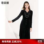 歌莉婭（GOELIA）長(zhǎng)袖連衣裙女新款設(shè)計(jì)感氣質(zhì)蝴蝶結(jié)絲絨小黑裙子1B1R4H150 00B黑色 XL -