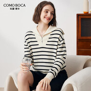 科蒙博卡秋冬個(gè)性翻領(lǐng)條紋羊絨衫女寬松休閑外穿針織毛衣 奶白色 M