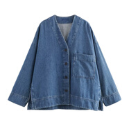 HUALIN FASHION2025秋季歐美街頭風(fēng)V領(lǐng)落肩牛仔長(zhǎng)袖襯衫W1038353 藍(lán)色 XS