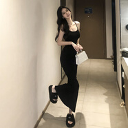 映棠夏季黑色性感露背吊帶洋裝女外穿無(wú)袖背心裙子收腰包臀魚(yú)尾長(zhǎng)裙 黑色長(zhǎng)裙 S 均碼