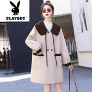 花花公子（PLAYBOY）高級感呢子大衣女2025秋裝新款娃娃領(lǐng)雙面毛呢呢外套時尚拼接外套 小麥色 M