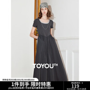 初語撞色假兩件拼接U領(lǐng)短袖連衣裙女2025夏季新款收腰中長(zhǎng)款裙子 深碳灰 L