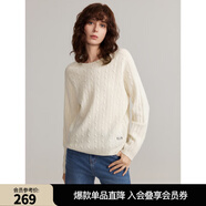 ELLE【100%綿羊毛】寬松圓領毛衣女2024冬裝新款慵懶軟糯毛針織衫 白色 L