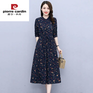 皮爾卡丹（pierre cardin）碎花連衣裙女2025春秋新款氣質(zhì)媽媽收腰顯瘦長(cháng)袖民族風(fēng)裙子 藏青 今年流行的輕奢品牌 L 100-115