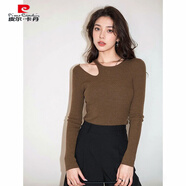 皮爾卡丹（pierre cardin）冷淡系感低領(lǐng)毛衣打底衫女春秋冬內搭性感鏤空露肩針織衫上衣 咖色 S 【建議80-95斤】