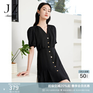 玖姿·安娜蔻洋氣小香風V領收腰百褶紫色中長款連衣裙夏款 素黑 M