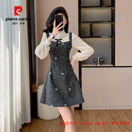 皮爾卡丹（pierre cardin）品牌高檔輕奢小香風(fēng)假兩件拼接蕾絲連衣裙女秋冬超好看甜美減齡顯 品牌高端新品-灰色 S