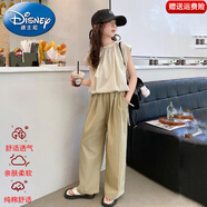迪士尼（Disney）女童夏裝套裝2025新款中大童時尚休閑女童短袖山本薄褲夏季兩件套 卡其色 【上衣+褲子】 140 尺碼9~10歲【130-140cm】