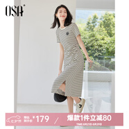 歐莎（OSA）圓領(lǐng)條紋連衣裙女夏季高級感捏褶收腰顯瘦小個(gè)子t恤裙中長(cháng)款裙子 黑杏條紋 XL
