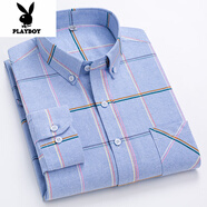 花花公子（PLAYBOY）春秋季純棉牛津紡襯衫男長(cháng)袖格子寬松中青年商務(wù)休閑全棉襯衣 寶藍色 41