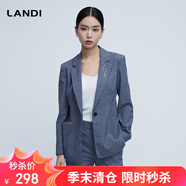藍(lán)地（LANDI）格紋修身收腰羊毛西裝外套女春季新款西服上衣 藍(lán)灰色 L