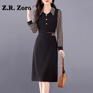 Z.R.Zoro奢侈品連衣裙女2025秋季新款時(shí)尚修身顯瘦假兩件條紋拼接連衣裙女 黑色 M