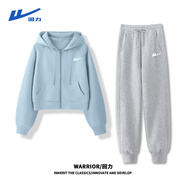 回力牛奶絲短開衫衛(wèi)衣收腳褲子套裝女2025春秋女裝新款時尚休閑一整套 霧霾藍回力白標K+灰回力白標K M （建議95-110斤）