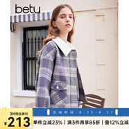 百圖betu女裝秋冬新款短外套復(fù)古格紋拼接羊羔毛領(lǐng)短外套2310T62 紫色 M