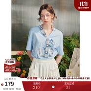 兩三事梵高文藝 夏風(fēng)逐花 2025夏季新款手鉤花領(lǐng)帶印花短袖t恤女 天藍(lán)色-y S