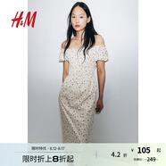 H&M女裝花卉連衣裙秋季花朵泡泡一字肩短袖植物印花長裙1230970 奶油色/碎花 XS 155/80