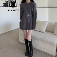 花花公子（PLAYBOY）韓版收腰顯瘦毛衣裙女中長款洋氣圓領(lǐng)套頭針織打底衫配腰帶連衣裙 灰色 關(guān)注店鋪優(yōu)先發(fā)貨官方旗艦 S 【80斤以下】
