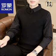 羅蒙（ROMON）秋冬季假兩件毛衣男士襯衣領(lǐng)韓版潮流針織打底衫高檔純色帶領(lǐng)線衣 2501黑色【襯衫.領(lǐng)】假兩件套 M