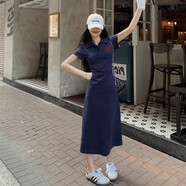 蘇韻雅polo領(lǐng)短袖連衣裙女夏季韓系微胖mm收腰顯瘦氣質(zhì)過膝t恤長裙子 顯瘦藏藍(lán)(紅-wy字母圖) M 105斤以下