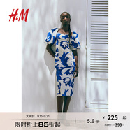 H&M女士花卉連衣裙秋季氣質(zhì)修身歐根紗五分袖燈籠袖連身裙1238363 白色/藍(lán)色圖案 170/116 XL