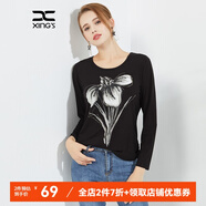 邢氏女裝新款T恤女彈力休閑印花修身女打底上衣 黑色長袖水仙花 L 40(165/96B)
