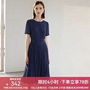 顏域（YANYEE）短袖百褶連衣裙2024夏天新款女裝氣質(zhì)女神范收腰顯瘦氣質(zhì)a字裙 深藍 S/36