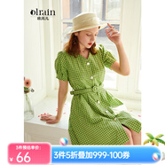 Olrain歐芮兒夏裝女裝V領(lǐng)短袖格子連衣裙女中長款收腰顯瘦綠色A字裙 綠色格子 M