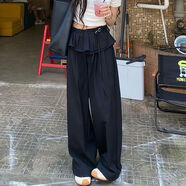 右小姐卷毛ins網(wǎng)紅韓系復古慵懶風(fēng)荷葉邊綁帶闊腿薄款寬松休閑褲 黑色 關(guān)注店鋪 優(yōu)先發(fā)貨 M